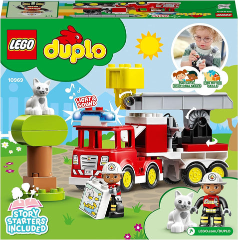 LEGO 10969 DUPLO Town Fire Engine Toy for Toddlers 2 Plus Years Old, Truck with Lights and Siren, Firefighter & Cat Figures, Learning Toys