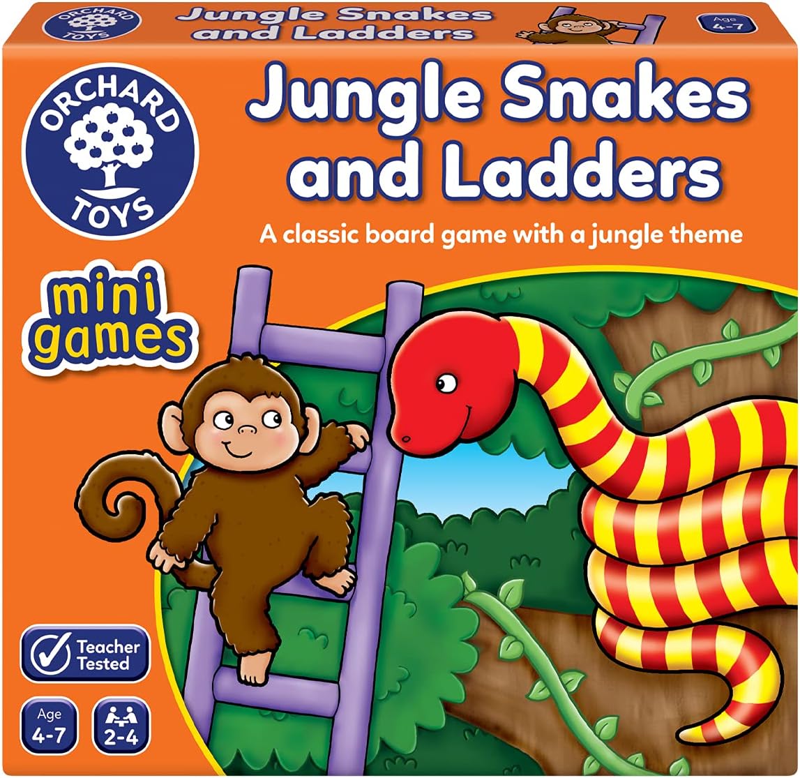 Orchard Toys Jungle Snakes and Ladders Mini Game, Small and Compact, Travel Game, Perfect for Children Age 4-7