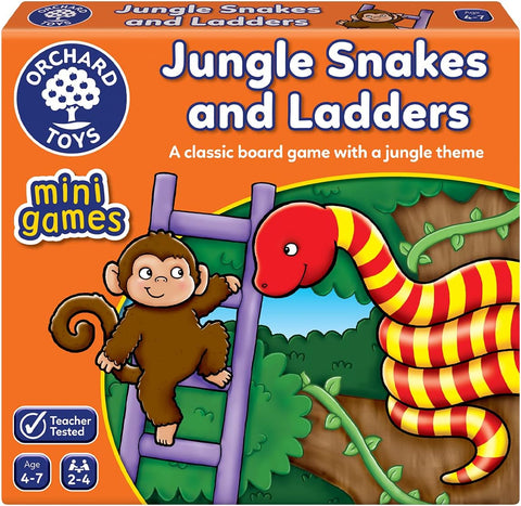 Orchard Toys Jungle Snakes and Ladders Mini Game, Small and Compact, Travel Game, Perfect for Children Age 4-7